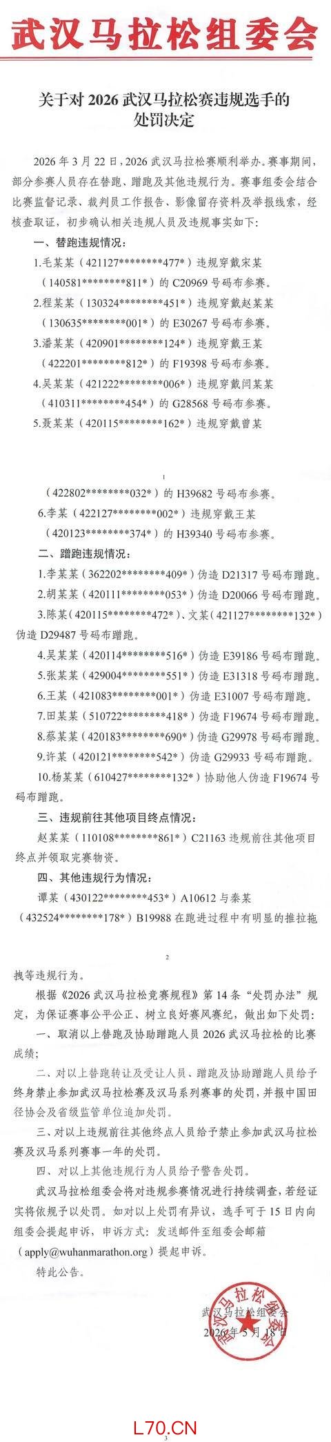 关于对2026武汉马拉松赛违规选手的处罚决定