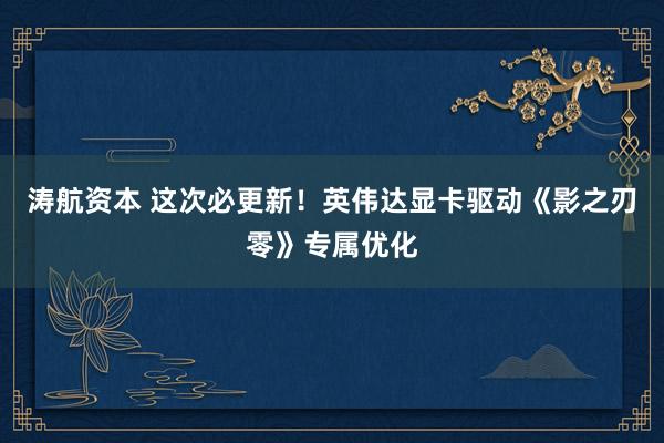 涛航资本 这次必更新！英伟达显卡驱动《影之刃零》专属优化